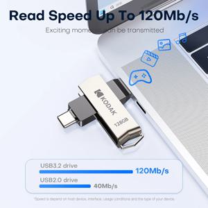 KODAK C타입 플래시 드라이브, 펜드라이브 고속 듀얼 메모리 스틱, 스마트폰 노트북용, USB3.2, 256GB, 128GB, 32GB