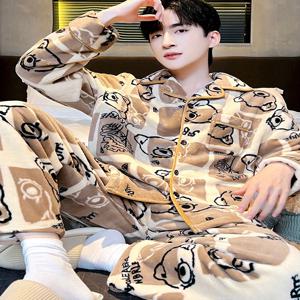 남성용 잠옷 산호 양털 플란넬 두꺼운 따뜻한 가디건 홈웨어 가을 겨울 긴팔 단추형 편안한 파자마