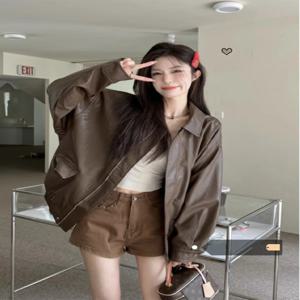 레트로 아메리칸 브라운 가죽 자켓 여성 초가을 블랙 쿨 오토바이 PU 가죽 루즈핏 긴팔 탑