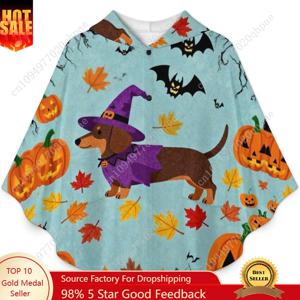 아늑한 플란넬 담요 스웨터, 할로윈 닥스훈트 박쥐 호박 오버사이즈 후드티(포켓 포함) 어린이 및 청소년용