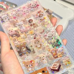 5PCS 만화 헬로 키티 리락쿠마 귀여운 다이 커팅 스티커 키티 고양이 애니메이션 핸드북 재료 스티커 깜박이는 레이저 스티커