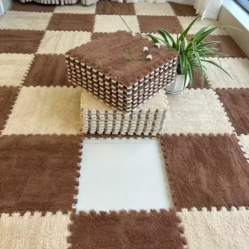 30*30cm 부드러운 플러시 아기 놀이 매트 퍼즐 스타일 따뜻하고 낙상 방지 놀이 매트 DIY 조립식 어린이 방 러그 세탁 가능
