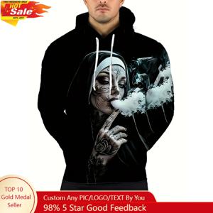 남성용 3D 그래픽 후디 - 흰색 문신 및 담배 디자인이 있는 검정색, 캐주얼 풀오버 스웨트셔츠, 편안한 레귤러 핏