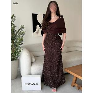 벨라 맞춤형 다크 브라운 스퀘어넥 프롬 드레스 스팽글 장식 리본 숄 케이프 이브닝 드레스 슬림핏 머메이드 2025