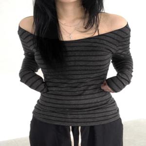 하라주쿠 베이직 슬림 긴팔 스트라이프 티셔츠 오프숄더 O넥 한국 스트릿 스타일 봄 가을 Y2K 여성용 그레이 티셔츠