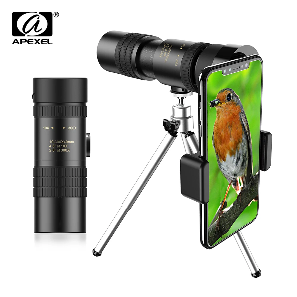 APEXEL HD 10-300X40 줌 망원 렌즈 단안 장거리 모든 스마트 폰용 강력한 접이식 망원경 사냥 캠핑
