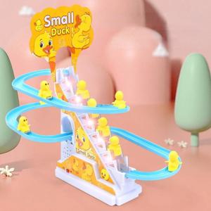 어린이 장난감 오리 DIY 레일 레이싱 트랙 작은 오리 등반 계단 장난감 전기 자동차 계단 음악 교육 장난감 아이 3-5Y