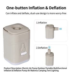 3 in 1 미니 전기 휴대용 펌프 (조명 포함) 무선 에어 컴프레서, 하이킹 캠핑 장비용 공기 주입 및 배출 펌프