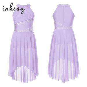 키즈 여자 보라색 발레 드레스 민소매 메쉬 Tull 현대 서정적 댄스 공연 의상 체조 피겨 스케이팅 레오타드