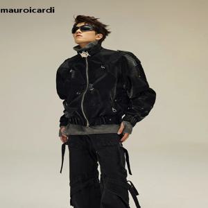 Mauroicardi 봄 가을 멋진 짧은 반짝 이는 검은 악어 인쇄 Pu 가죽 자켓 남자 럭셔리 디자이너 Y2K streetwear 의류