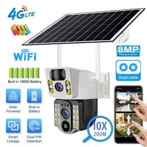 8MP 4K 무선 태양 광 카메라 4G Sim 야외 듀얼 렌즈 Wifi IP 카메라 PIR 야간 투시경 V380 Pro CCTV 보안 보호 모니터