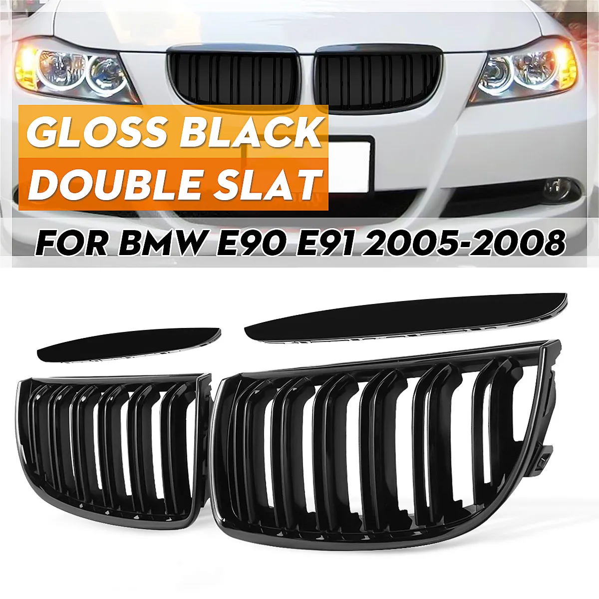 자동차 그릴 그릴 앞 신장 광택 블랙 더블 슬랫 후드 그릴 BMW E90 E91 Pre-Facelift 2005 2006 2007 2008 Racing Grills