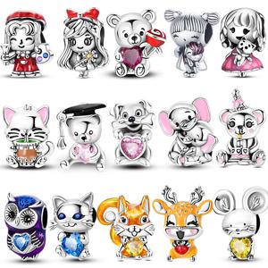 오리지널 참 925 실버 귀여운 동물 고양이 곰 구슬 실버 팔찌 Diy Fahsion Jewelry