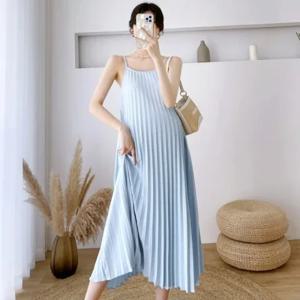 베이지 핑크 Sunmer 임신 한 여자 Pleated 드레스 출산 쉬폰 Mid-Calf 임신 옷 벨트 도매 의류