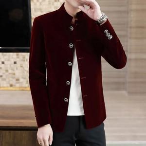 남자의 가벼운 럭셔리 황금 벨벳 코트 청소년 패션 트렌드 솔리드 컬러 스탠드 칼라 MAO 정장 잘 생긴 부티크 항목