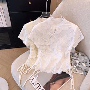 여름 중국풍 반팔 셔츠 스탠드 칼라 개선된 치파오 여성 블라우스 캐주얼 패션 레이스 데일리 치파오 탑