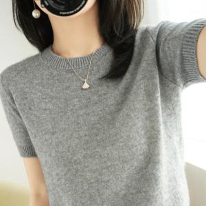 여름 신상 루즈핏 반팔 니트 울 티셔츠 여성용 얇은 면 V넥 반소매 탑 아우터웨어 출퇴근 스타일