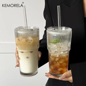 뚜껑과 밀짚이있는 600ml 스트라이프 유리 컵 주스 물과 아이스 커피 컵 머그컵 Drinkware 용 투명한 마시는 안경