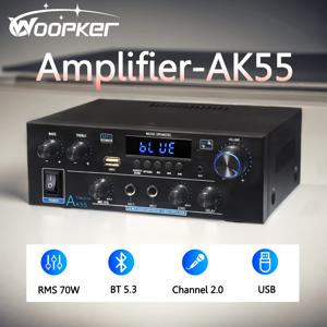 Woopker 오디오 증폭기 AK55 HiFi 스테레오 채널2.0 RMS70W*2 Bluetooth 5.3 지원 AUX/OPT/RCA 전원 서브우퍼 전력 증폭기