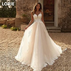 LORIE A 라인 꽃 아플리케 드 노비아 웨딩 원피스, 스파게티 스트랩 신부 가운, 연인 웨딩 가운, 맞춤형