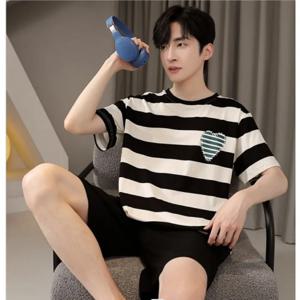 남성용 반팔 잠옷 반바지, 루즈한 잠옷, 편안한 캐주얼, 심플한 세트, O넥 스트라이프 탑, 여름 반바지, 2 종 세트
