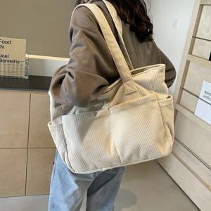 여성 캐주얼 코듀로이 토트 백 스트라이프 숄더 백 (고정 스트랩 포함) 지퍼 대용량 핸드백 (일상 외출 및 쇼핑용)