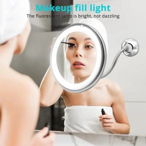 LED 조명이 장착된 유연한 구즈넥 화장 거울 10X 확대 거울 흡입 컵 밝은 확산 조명 및 360도 회전
