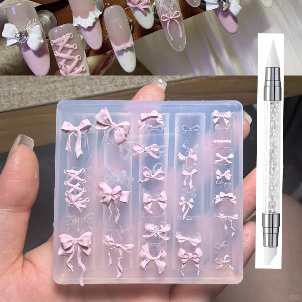1Pcs 3D Bowknot 실리콘 네일 금형 + 1 조각 펜 Y2K 발레 스타일 리본 손톱 스텐실 조각 활 매니큐어 템플릿 도구 *