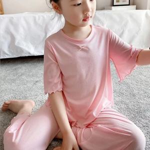 여자 얼음 실크 세트 얇은 어린이 Homewear 의류 ​​여름 어린이 에어컨 짧은 소매 어린이 세트 소녀 잠옷 복장