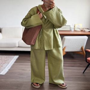 여성 린넨 투피스 세트, 기모노 스타일 랩탑 & 와이드 레그 팬츠, 올리브 그린, 여름용 허리끈이 있는 루즈핏 라운지웨어 의상