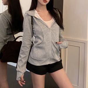 그레이 지퍼 후드 스웨트셔츠 여성 2025 신상 한국 슬림핏 가디건 긴팔 코트 여성 솔리드 포켓 스포츠 후드 재킷