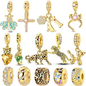 오리지널 925 스털링 실버 골드 시리즈 DIY 참 비즈 지르코늄 태양 표범 펜던트 팔찌 DIY 쥬얼리 제작에 적합