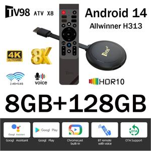 TV98 ATV X8 스마트 TV 스틱 iptv Allwinner H313 쿼드코어 4G 5G 듀얼 와이파이 HD 8K 4K BT 5.0 8GB 128GB 음성 리모컨 안드로이드 14