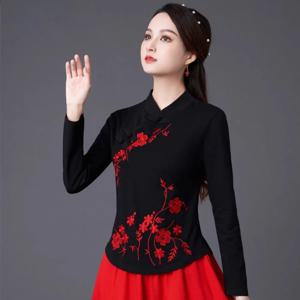 여성 의류를위한 중국 셔츠 전통 탑 자수 민족 스타일 코튼 티 캐주얼 빈티지 의류 Tshirt 가을