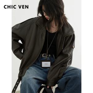 CHIC VEN 여성 PU 재킷 신상 루즈핏 레트로 오토바이 인조 가죽 퀼팅 코트 여성 오버코트 두꺼운 따뜻한 2025 봄 가을 상의
