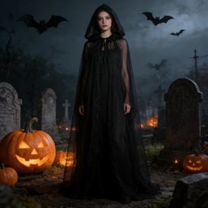 블랙 브라이덜 숄 마녀 코스프레 망토 할로윈 케이프 게임 파티 의상 소품 휴일 드레스업 뱀파이어 코스튬