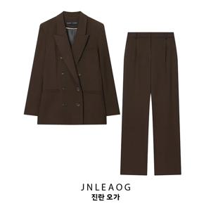 가을 신상 여성 숄더 패드 수트 자켓 더블 버튼 플리츠 스트레이트 팬츠 투피스 세트