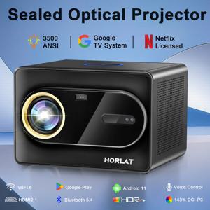 HORLAT 밀폐형 광학 구글 TV 프로젝터 3500ANSI 블루투스 음성 제어 자동 초점 WiFi 6 4K UHD 홈시어터 영화 프로젝터