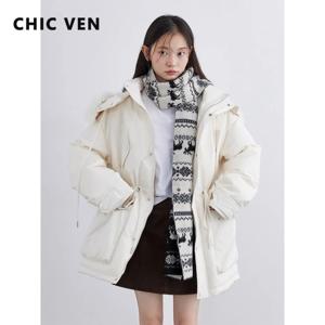 CHIC VEN 한국 여성 후드 다운 코트 솔리드 루즈 캐주얼 90% 화이트 덕 다운 여성 중간 길이 재킷 가을 겨울 2025