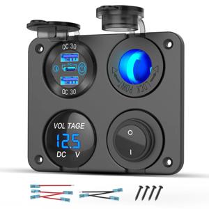 12V 해양용 스위치 패널 듀얼 PD30W QC18W USB 포트 알루미늄 충전기 블루 LED 볼트미터 로커 스위치