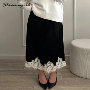 레이스 브라운 미디 새틴 스커트 여성 여름 오피스 지퍼 스커트 A라인 패치워크 새틴 실크 스커트 미디 블랙 럭셔리 여성용