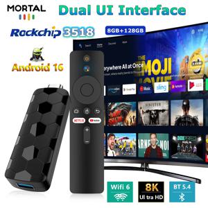 2025년 신형 R3+ 스마트 안드로이드 TV 스틱 Rockchip RK3518 와이파이6 듀얼 브랜드 8GB 128GB 8K 3D HDR 구글 음성 리모컨 DC 5V 2A