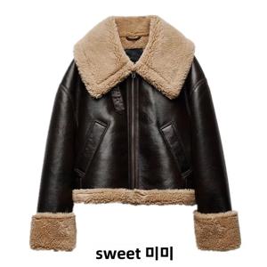 양면 플리스 바이커 재킷, 커프스 소매와 컬러 블록 디자인, 가을 겨울용 두꺼운 가죽 아우터 코트