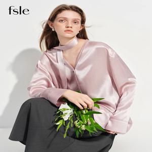 ​ FSLE 프렌치 스타일 우아한 브이넥 아세테이트 긴팔 셔츠 여성용 신상 봄 2026 디자인 새틴 탑 레이스 리본