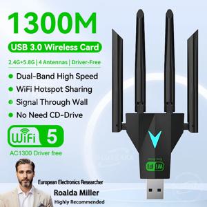 1300Mbps USB WiFi 블루투스 5.4 어댑터 듀얼 밴드 2.4G/5Ghz 무선 네트워크 카드 무선 수신기 WiFi 동글 (PC/노트북용)
