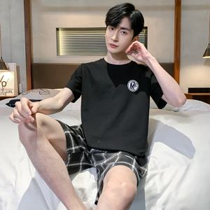 남성 여름 잠옷 세트 반팔 만화 줄무늬 홈웨어 반바지 캐주얼 십대 학생 잠옷 편안한 가정 의류