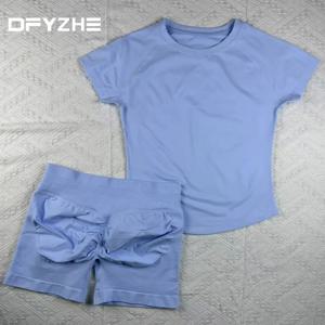 2026 새로운 DFYZHE 러닝 스포츠 세트 반팔 심리스 요가 탑 티셔츠 피트니스 세트 여름 2피스 세트