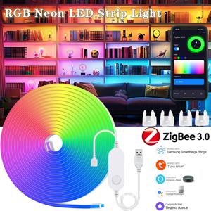 Zigbee3.0 5V USB RGBIC 네온 LED 스트립 1M 2M 3M 5M IP65 RGBIC 네온 램프 테이프 주방 캐비닛 TV 룸 야간 조명 투야 알렉사용