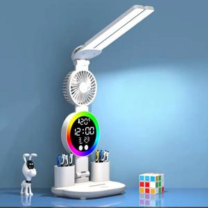 팬이있는 LED 시계 테이블 램프 USB 충전식 터치 조명 2 헤드 180 회전 접이식 눈 보호 데스크탑 독서 테이블 조명
