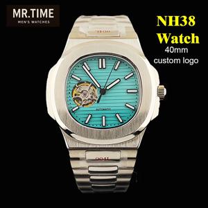 NH38 시계 티파니 블루 남성용 자동 시계 로즈 골드/실버/블랙 맞춤형 로고 스테인레스 스틸 시계 NH38 무브먼트 시계